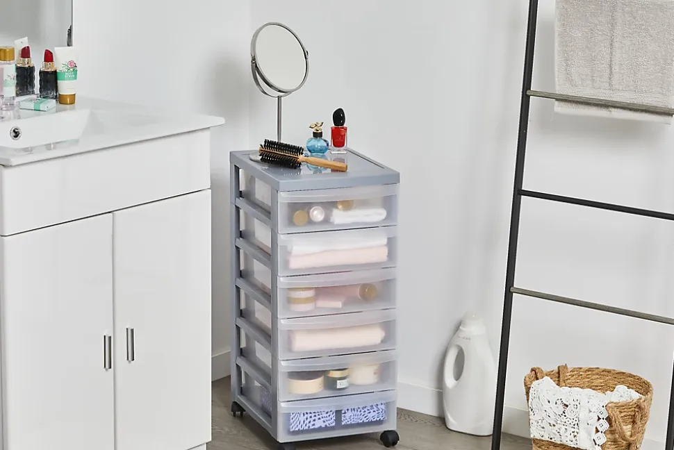 Iris Ohyama, Tour de rangement plastique sur roulettes A4, 6 Petits Tiroirs, Gris Recyclé, DC-360