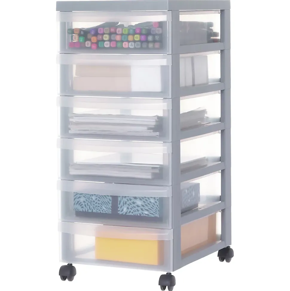 Iris Ohyama, Tour de rangement plastique sur roulettes A4, 6 Petits Tiroirs, Gris Recyclé, DC-360