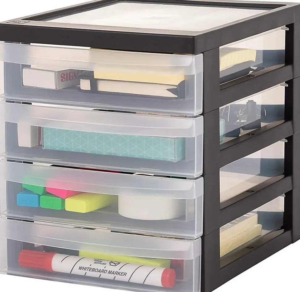 Iris Ohyama, Tour de rangement Plastique Bureau A5, 4 Petits Tiroirs, Lot de 2, Noir, DC-A5