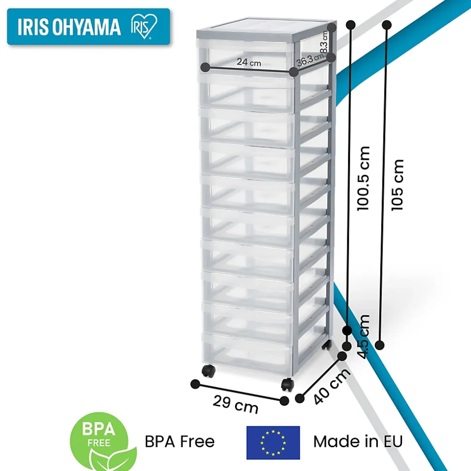Iris Ohyama, Tour de rangement plastique sur roulettes A4, 10 Petits Tiroirs, Gris, DC-010
