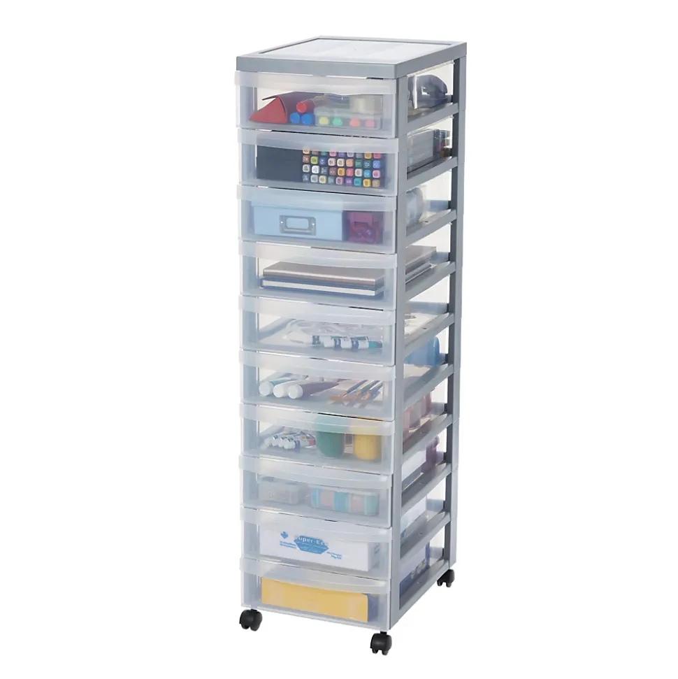 Iris Ohyama, Tour de rangement plastique sur roulettes A4, 10 Petits Tiroirs, Gris, DC-010