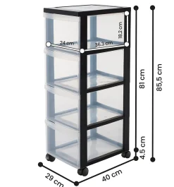 Iris Ohyama, Tour de rangement plastique sur roulettes A4, 4 Grands Tiroirs, Noir, DC-304