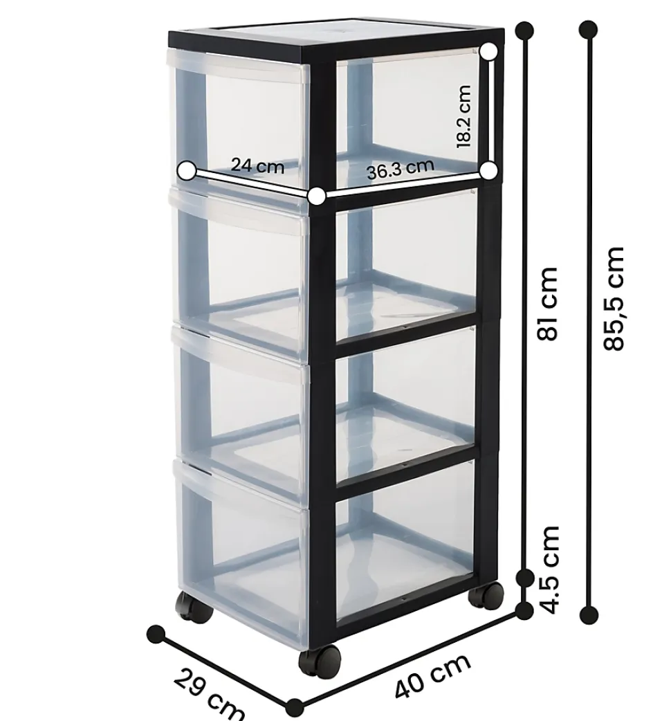 Iris Ohyama, Tour de rangement plastique sur roulettes A4, 4 Grands Tiroirs, Noir, DC-304