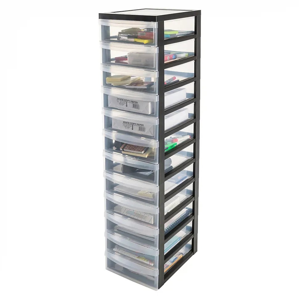 Iris Ohyama, Tour de rangement plastique sur roulettes A4, 12 Petits Tiroirs, Noir, DC-012