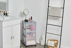 Iris Ohyama, Tour de rangement plastique sur roulettes A4, 3 Grands Tiroirs, Gris, DC-303