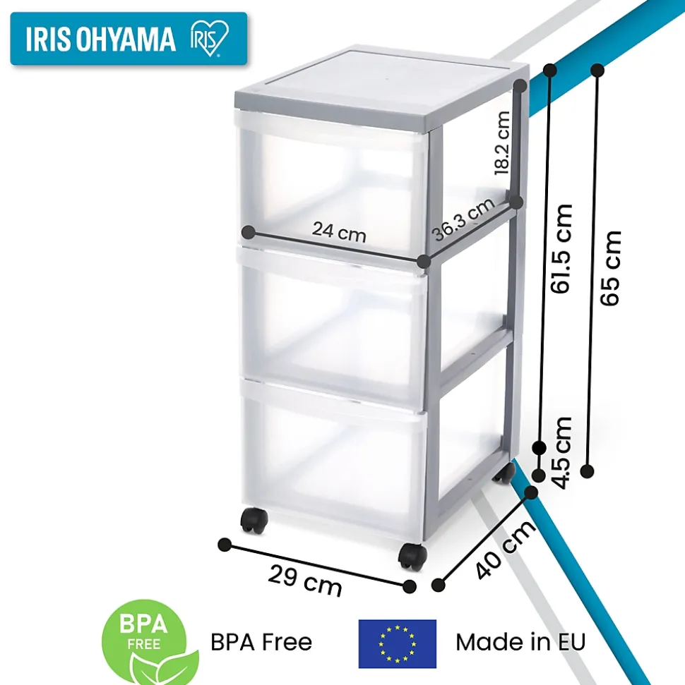 Iris Ohyama, Tour de rangement plastique sur roulettes A4, 3 Grands Tiroirs, Gris, DC-303