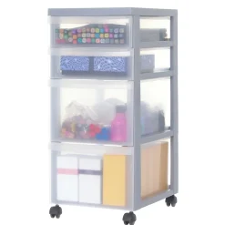 Iris Ohyama, Tour de rangement plastique sur roulettes A4, 4 Tiroirs mix, Gris, DC-322