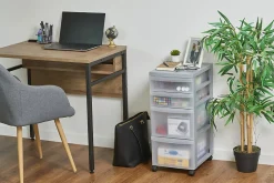 Iris Ohyama, Tour de rangement plastique sur roulettes A4, 4 Tiroirs mix, Gris, DC-322
