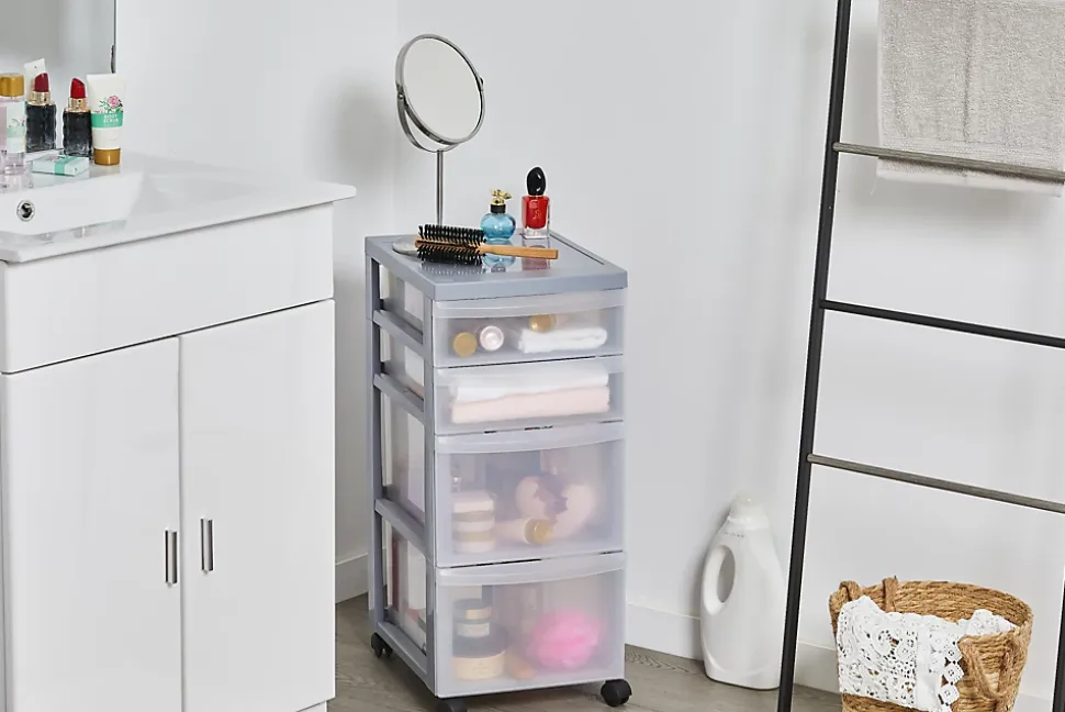 Iris Ohyama, Tour de rangement plastique sur roulettes A4, 4 Tiroirs mix, Gris, DC-322