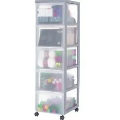 Iris Ohyama, Tour de rangement plastique sur roulettes A4, 5 Grands Tiroirs, Gris, DC-305