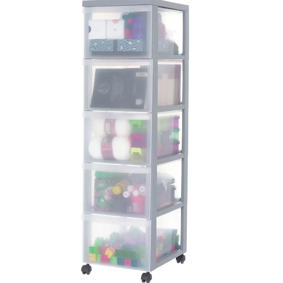 Iris Ohyama, Tour de rangement plastique sur roulettes A4, 5 Grands Tiroirs, Gris, DC-305