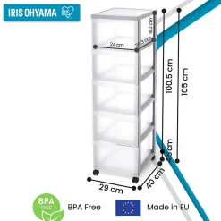Iris Ohyama, Tour de rangement plastique sur roulettes A4, 5 Grands Tiroirs, Gris, DC-305