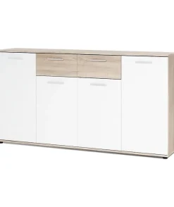JACKY Buffet bas classique blanc et décor chene mat - L 160 cm