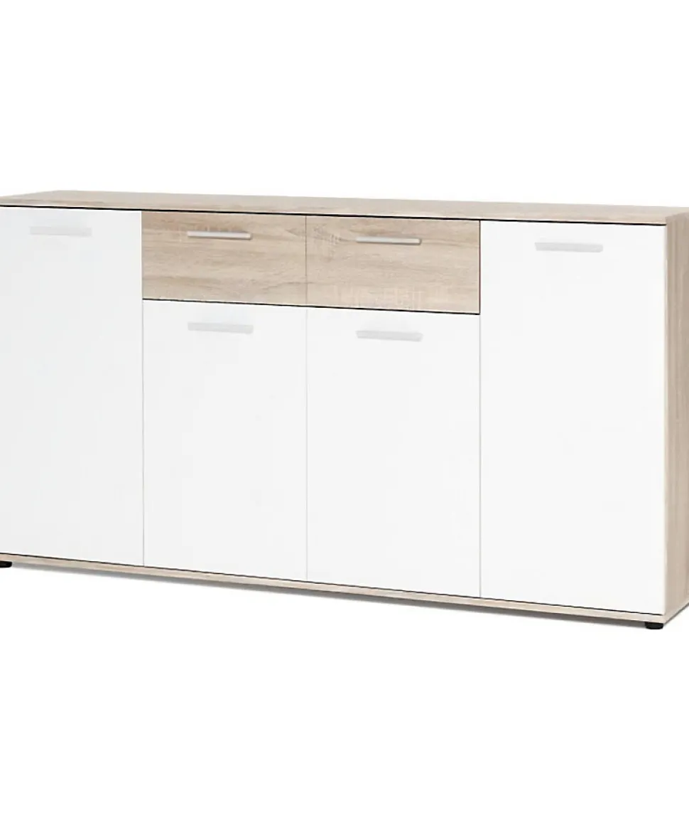 JACKY Buffet bas classique blanc et décor chene mat - L 160 cm