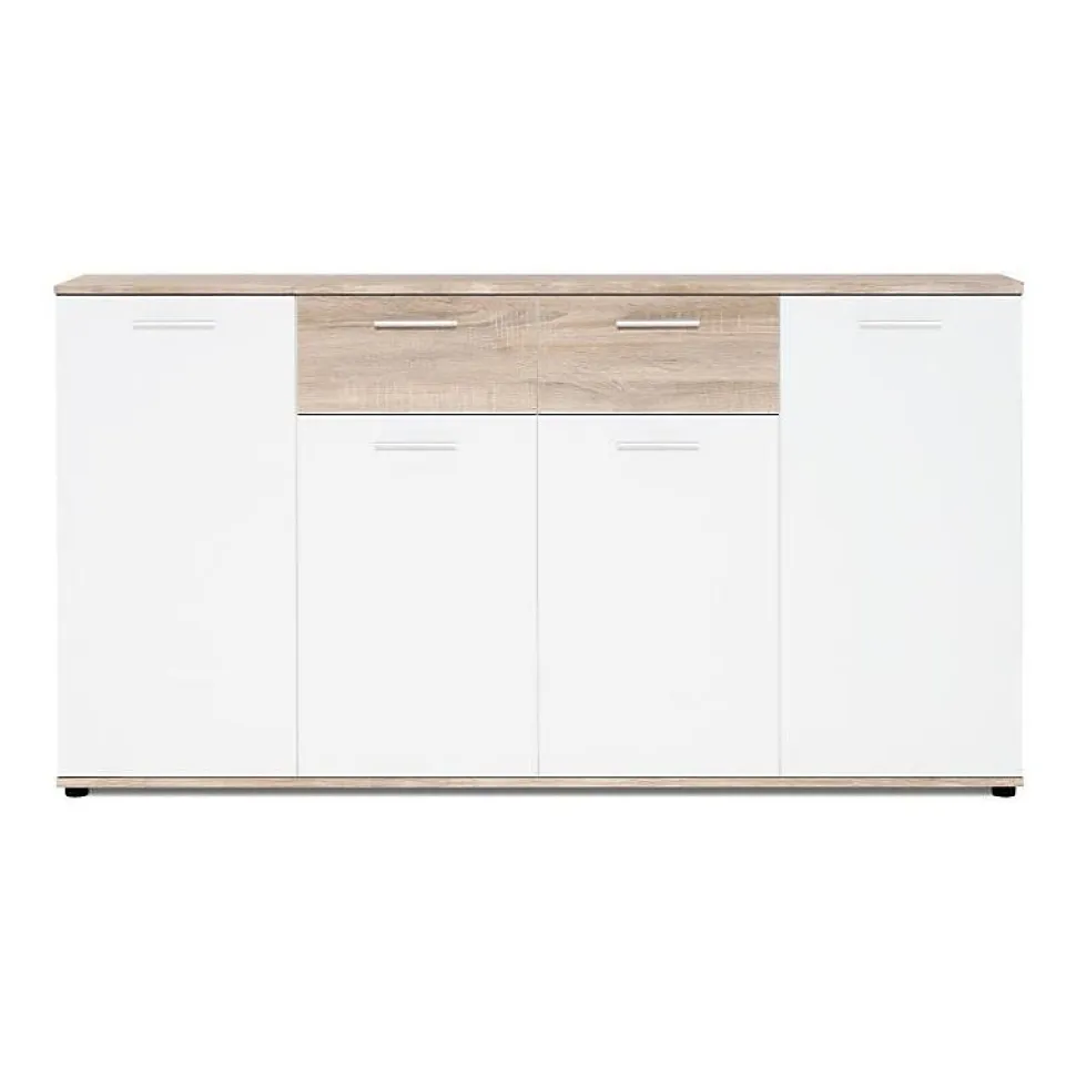 JACKY Buffet bas classique blanc et décor chene mat - L 160 cm