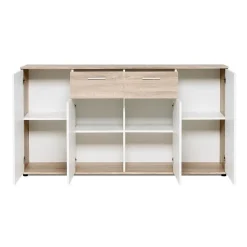 JACKY Buffet bas classique blanc et décor chene mat - L 160 cm