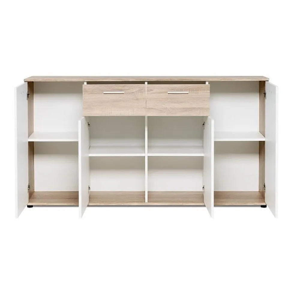 JACKY Buffet bas classique blanc et décor chene mat - L 160 cm