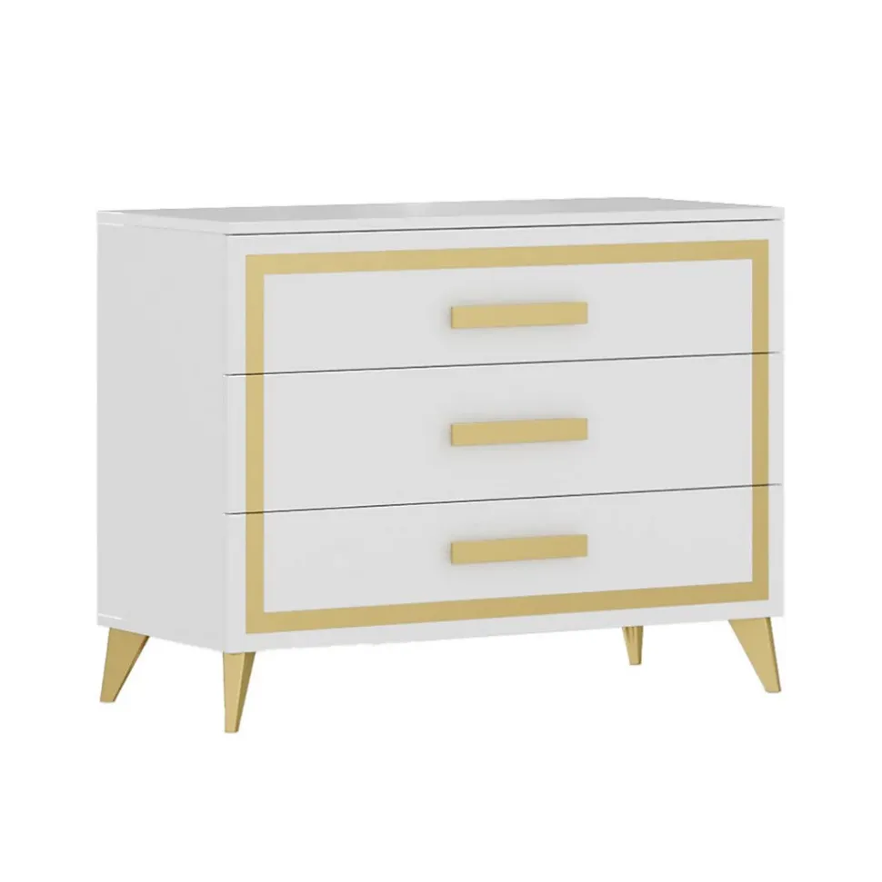 JEMMA - Commode 3 Tiroirs Laqué Blanc et Décor Doré