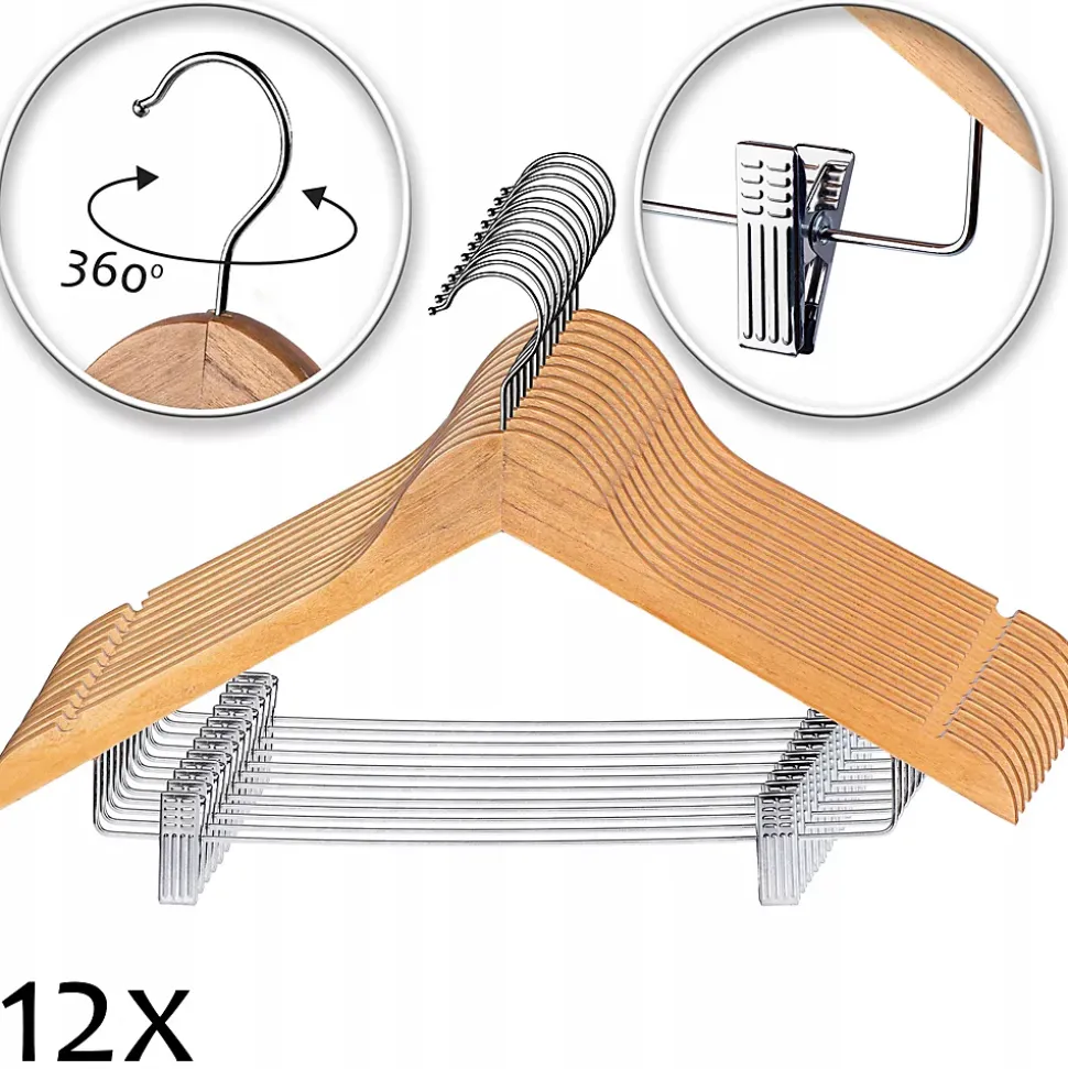 KADAX Cintres en bois avec clips 12 pcs
