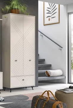 Kai - Armoire vestiaire (L/H/P : 80x190x35 cm) en mélaminé beige sable et embouti mat beige sable