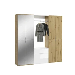 Kai - Combinaison de vestiaires (L/H/P : 183x193x34 cm) en imitation blanc et imitation chêne Artisan / verre miroir