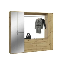 Kai - Combinaison de vestiaires (L/H/P : 212x193x34 cm) en imitation chêne Artisan / verre miroir