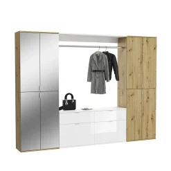 Kai - Combinaison de vestiaires (L/H/P : 243x193x34 cm) en imitation blanc et imitation chêne Artisan / verre miroir