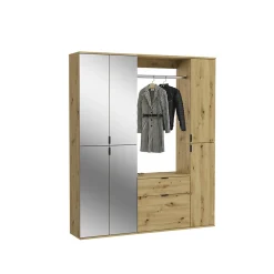 Kai - Combinaison de vestiaires (L/H/P : 152x193x34 cm) en imitation chêne Artisan / verre miroir