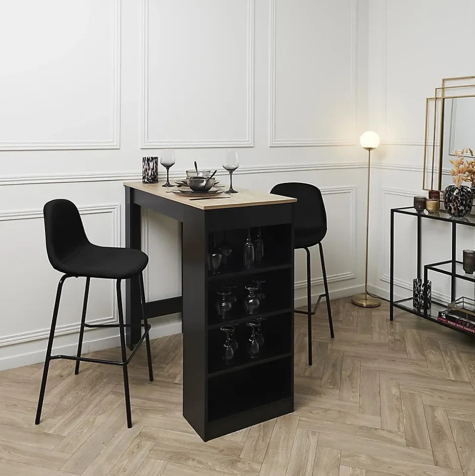 KANPE - Ensemble Table de Bar avec Etagères + 2 Tabourets Velours Côtelé Noir Konae