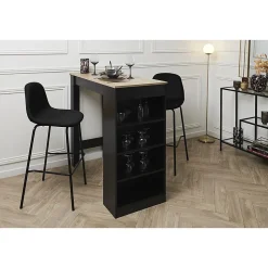 KANPE - Ensemble Table de Bar avec Etagères + 2 Tabourets Velours Côtelé Noir Konae