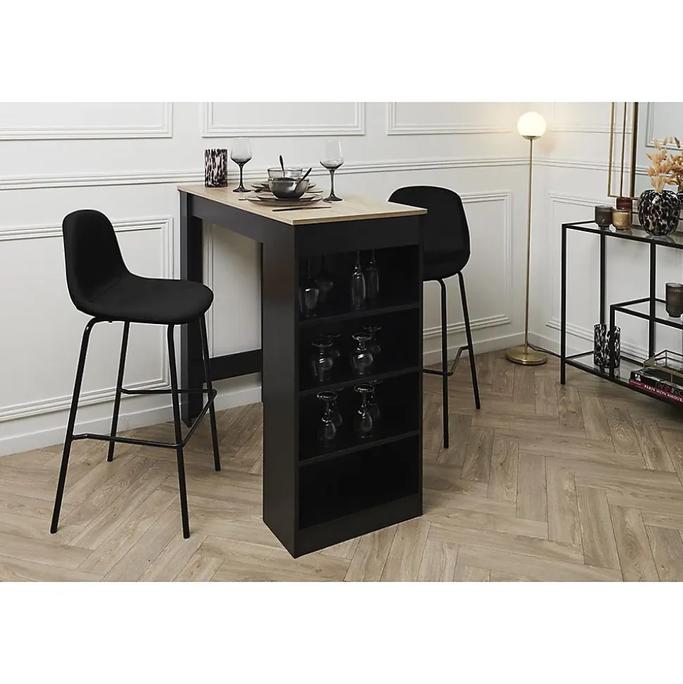 KANPE - Ensemble Table de Bar avec Etagères + 2 Tabourets Velours Côtelé Noir Konae