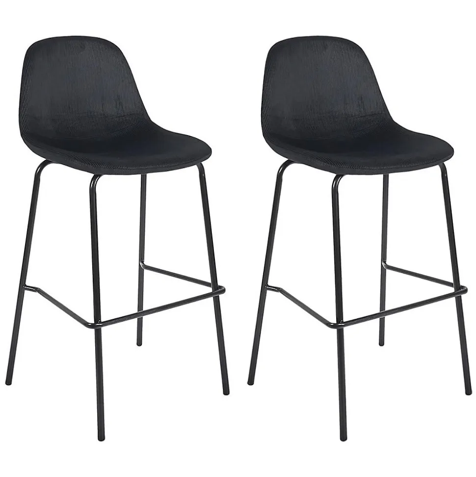 KANPE - Ensemble Table de Bar avec Etagères + 2 Tabourets Velours Côtelé Noir Konae