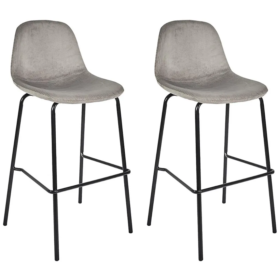 KANPE - Ensemble Table de Bar avec Etagères + 2 Tabourets Velours Côtelé Gris Konae