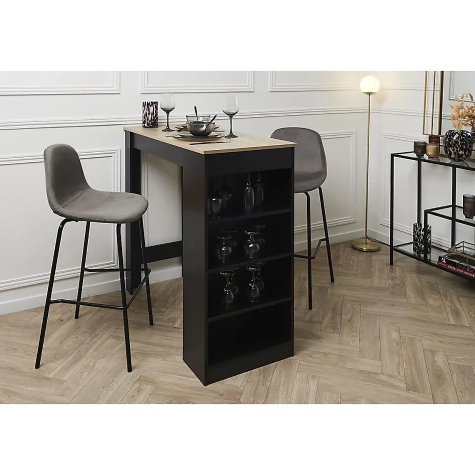 KANPE - Ensemble Table de Bar avec Etagères + 2 Tabourets Velours Côtelé Gris Konae