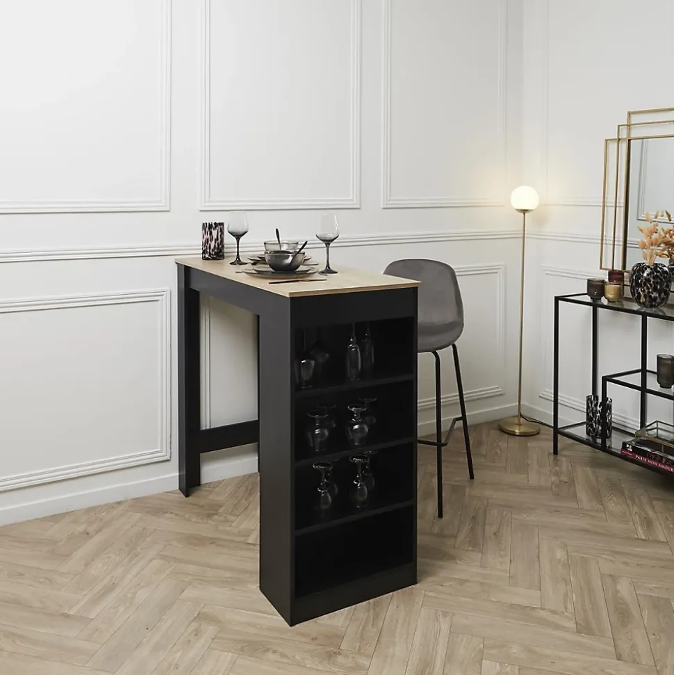 KANPE - Ensemble Table de Bar avec Etagères + 2 Tabourets Velours Côtelé Gris Konae