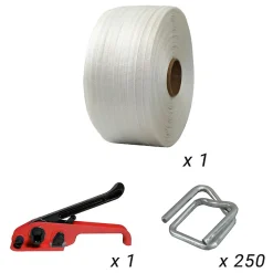 Kit 1 Feuillard de cerclage tressé 13 mm x 1100 m + 250 boucles OFFERTES + 1 tendeur - Résistance 350kg - TECPLAST KFT1