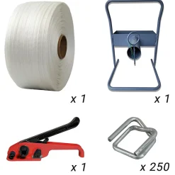 Kit 1 Feuillard de cerclage tressé 19 mm x 500 m + 1 tendeur OFFERT + 1 dévidoir + boucles - Résistance 750kg - TECPLAST KFT2