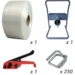 Kit 1 Feuillard de cerclage fil à fil 19 mm x 600 m + 1 tendeur OFFERT + 1 dévidoir + boucles - Résistance 550kg - TECPLAST KFF2