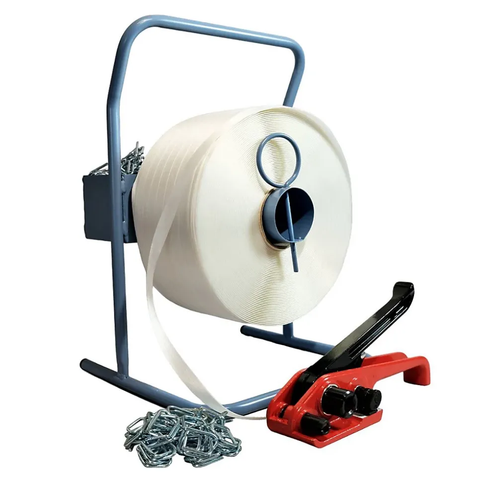 Kit 1 Feuillard de cerclage fil à fil 13 mm x 1100 m + 1 tendeur OFFERT + 1 dévidoir + boucles - Résistance 375kg - TECPLAST KFF2