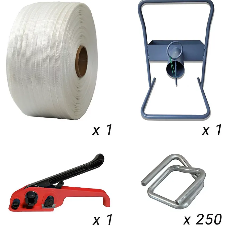 Kit 1 Feuillard de cerclage tressé 16 mm x 850 m + 1 tendeur OFFERT + 1 dévidoir + boucles - Résistance 450kg - TECPLAST KFT2