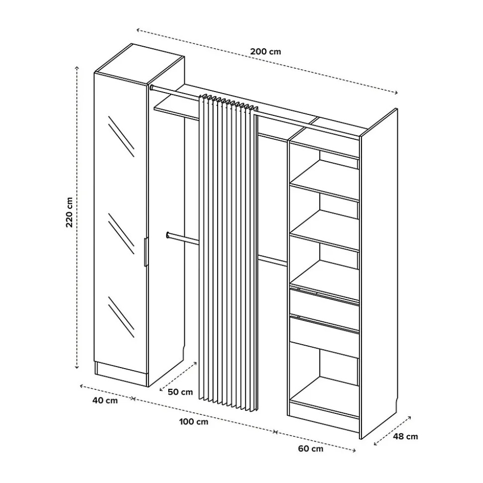 Kit dressing 1 colonne miroir effet chêne Sindora H. 220 x L. 200 x P. 50 cm.