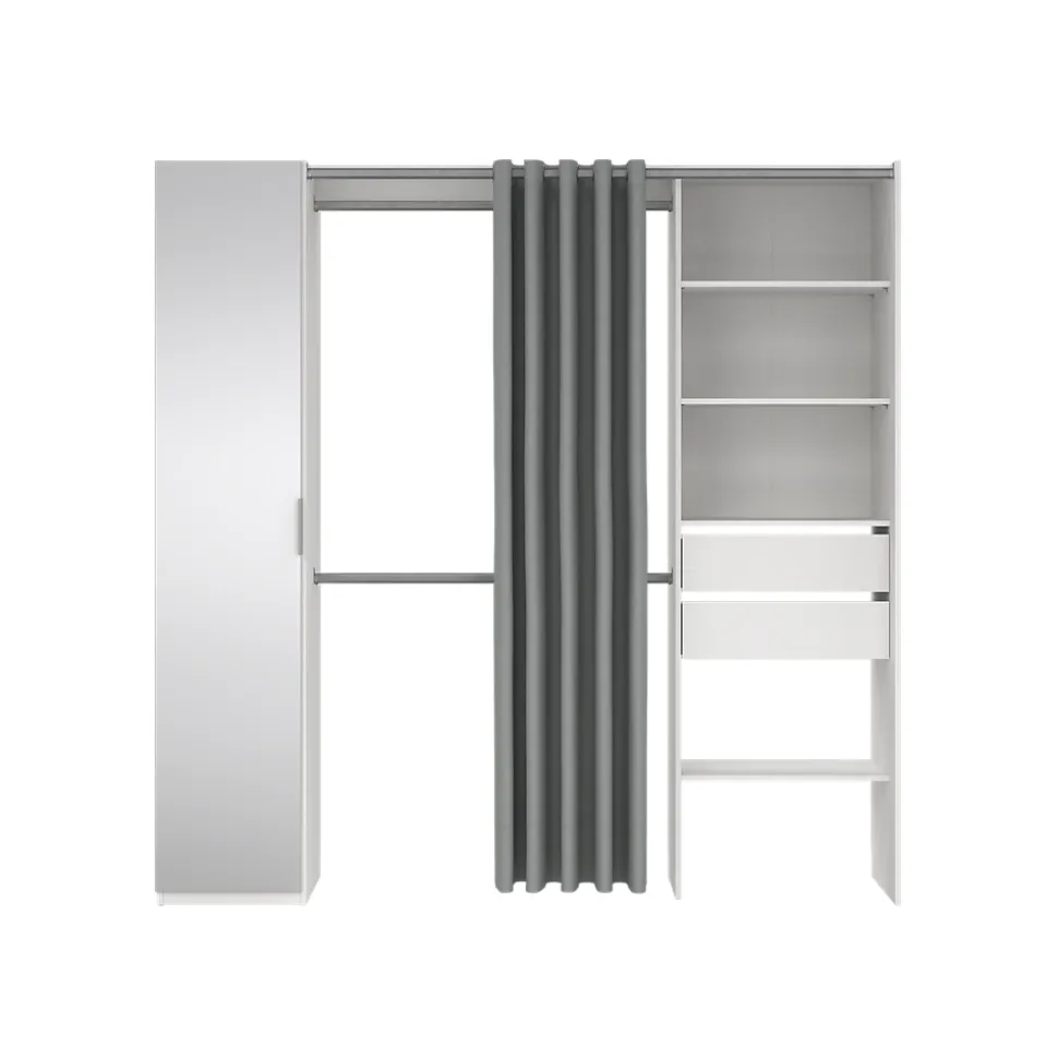 Kit dressing 1 colonne miroir blanc avec rideau Tvilum H. 200,4 x L. 200 x P. 52,1 cm