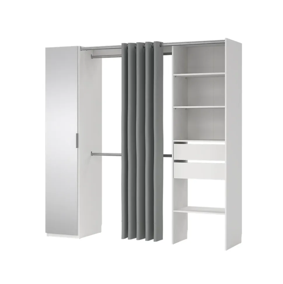 Kit dressing 1 colonne miroir blanc avec rideau Tvilum H. 200,4 x L. 200 x P. 52,1 cm
