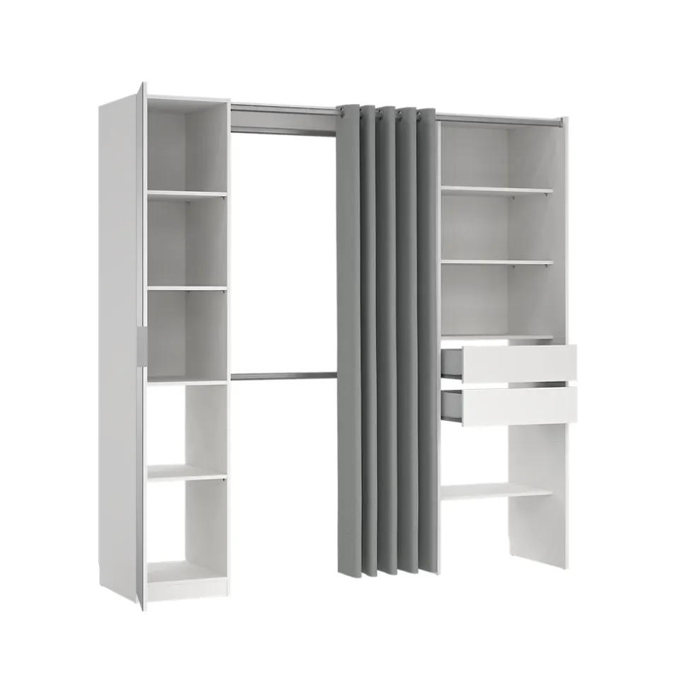Kit dressing 1 colonne miroir blanc avec rideau Tvilum H. 200,4 x L. 200 x P. 52,1 cm