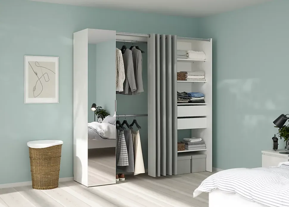 Kit dressing 1 colonne miroir blanc avec rideau Tvilum H. 200,4 x L. 200 x P. 52,1 cm