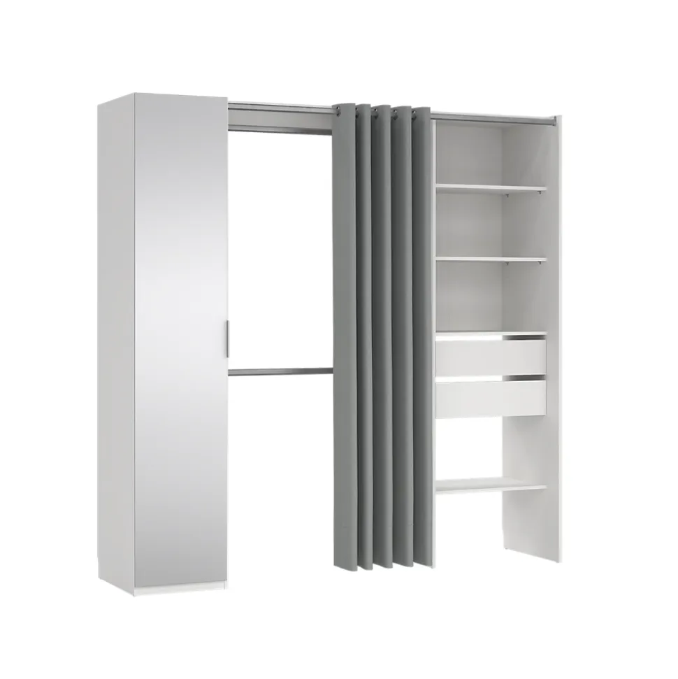 Kit dressing 1 colonne miroir blanc avec rideau Tvilum H. 200,4 x L. 200 x P. 52,1 cm