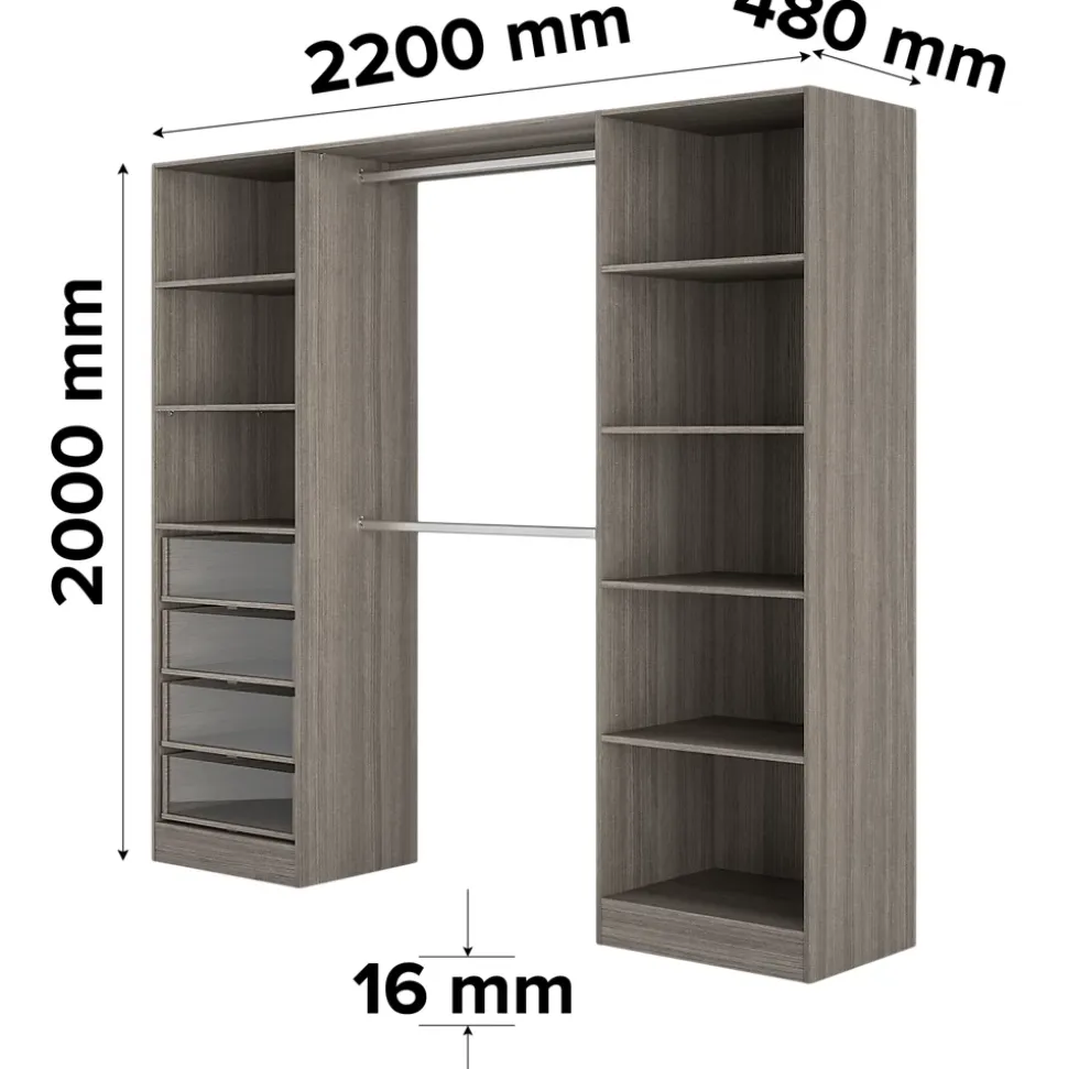 Kit dressing 2 colonnes Qazar décor chêne grisé H.200 cm x L.220 cm x P.48 cm