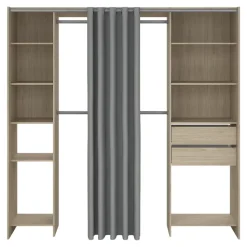 Kit dressing 2 colonnes réversibles avec rideau Dalvine décor chêne H. 200,4 x L. 200 x P. 48,25 cm