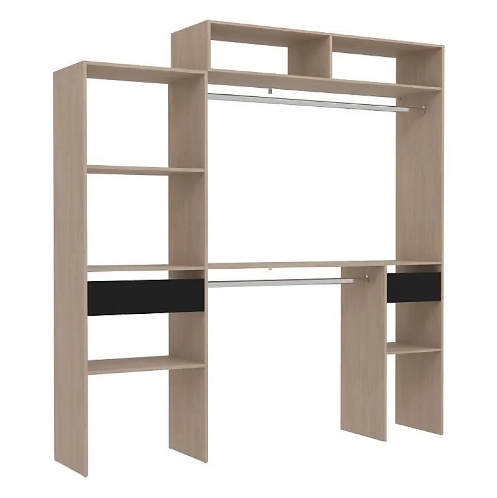 Kit dressing extensible ARTIC EKIPA - Décor mélaminé chene et noir - 2 penderies + 2 tiroirs + Surmeuble- L198 x P40 x H202 c