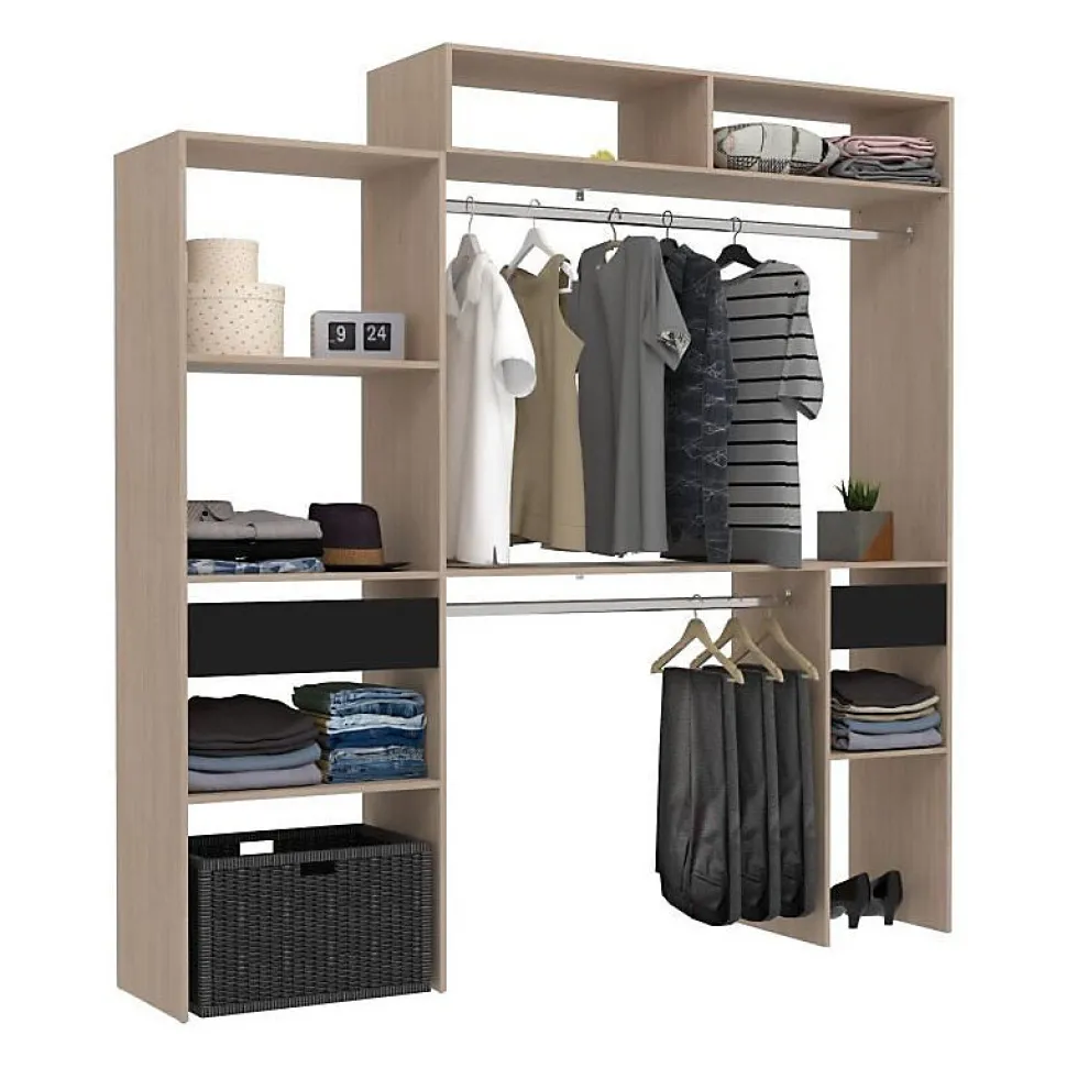 Kit dressing extensible ARTIC EKIPA - Décor mélaminé chene et noir - 2 penderies + 2 tiroirs + Surmeuble- L198 x P40 x H202 c